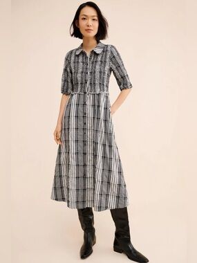 Maeve plaid smocked  Midi Dress in Black and White